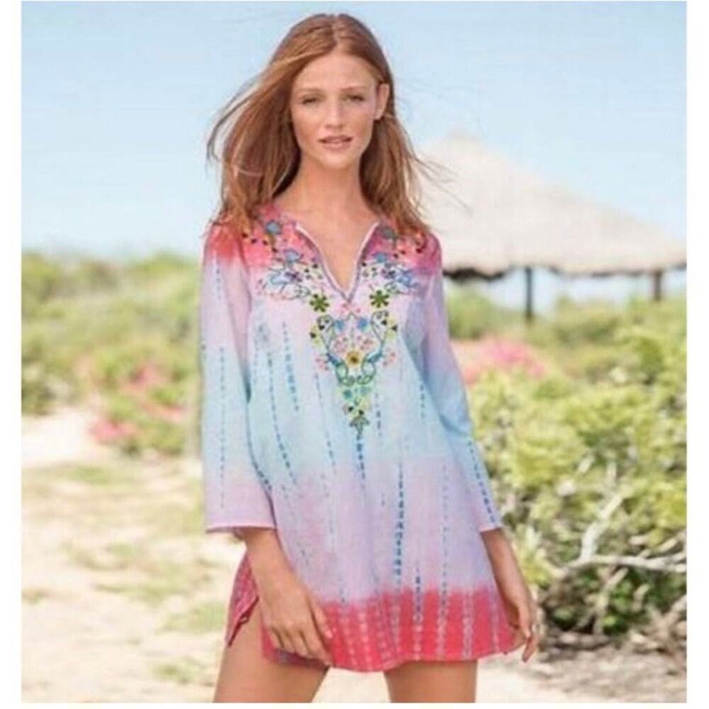 SUNDANCE Embroidered Beaded Cotton Beach Swim Coverup Tunic Top, Size Medium